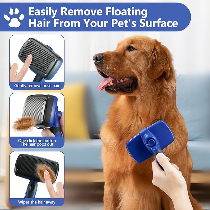 Self-Cleaning Slicker Brush for Pets - Removes Loose Hair, Cat and Dog Grooming Tool (Large, Blue)