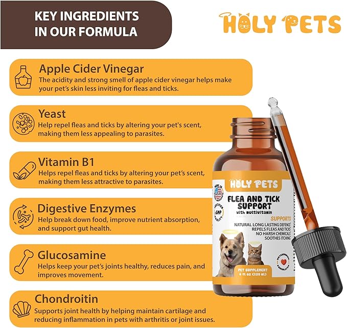 Flea & Tick Oral Drops for Dogs & Cats – Natural Herbal Supplement with B Vitamins – 4 oz, 120 Servings – Safe for All Breeds – Made in USA (4oz)