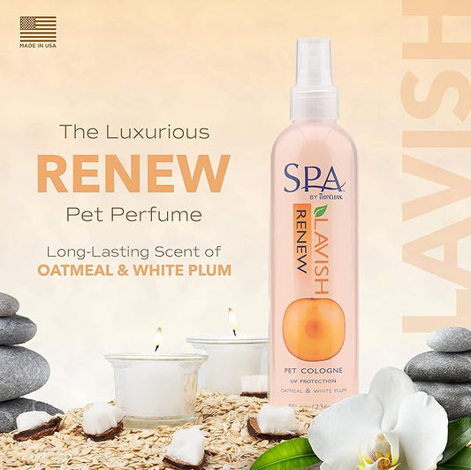 TropiClean SPA Renew Dog Cologne Spray Long Lasting | Peach & Plum Scented Dog Deodorizing Spray | Naturally Derived Salon Grade Ingredients | Made in the USA | 8oz
