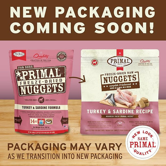 Primal Freeze Dried Raw Dog Food Nuggets, Turkey & Sardine, Complete & Balanced Meal, Also Use as Topper or Treat, Premium, Healthy, Grain Free, High Protein Raw Dog Food, 14 oz (Pack of 4)