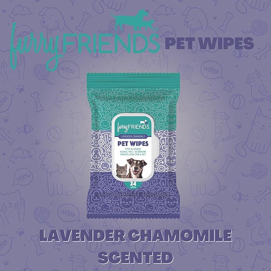 FurryFriends Pet Wipes | Lavender Chamomile Scented | Hypo-allergenic | Alcohol Free| Deodorizing | Removes Loose Hair & Dirt | Incredibly Clean | 8 Pack