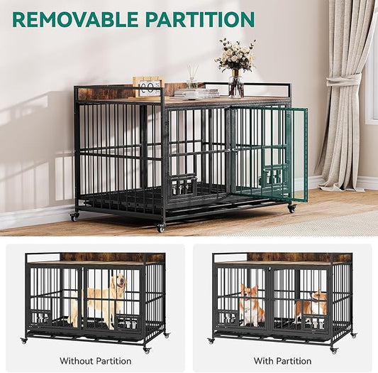 YITAHOME 37.5'' Heavy Duty Dog Crate with Removable Divider, Double Doors & Locks Design, Furniture Style Large Dog Crate with 360° Rotatable Dog Bowls & 360° Wheels & 2 Trays for Small/Medium Dog
