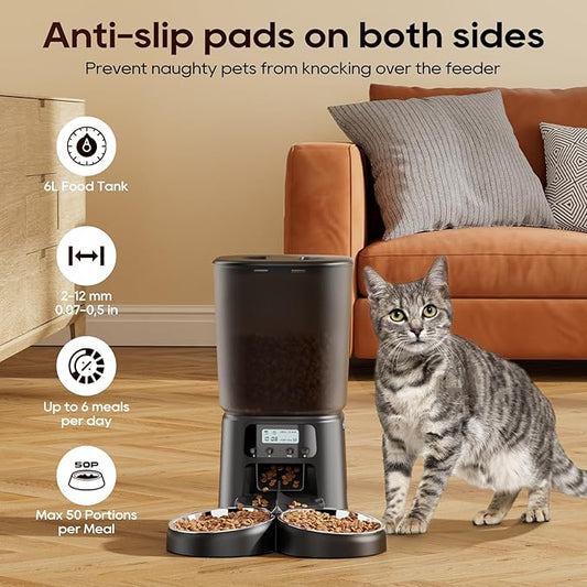 Automatic Cat Feeder for 2 Cats, 6L Timed Cat Dry Food Dispenser Dog Feeder up to 6 Meals & 30 Portions per Day,10S Voice Record,Flexible Schedule Timer Pet Feeder for Small Dogs, Black