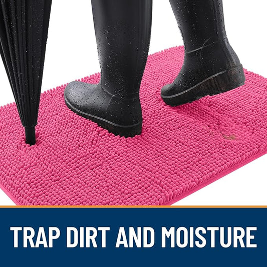 OLANLY Dog Door Mat for Muddy Paws 30x20, Absorbs Moisture and Dirt, Absorbent Non-Slip Washable Mat, Quick Dry Chenille, Mud Mat for Dogs, Entry Indoor Door Mat for Inside Floor, Hot Pink