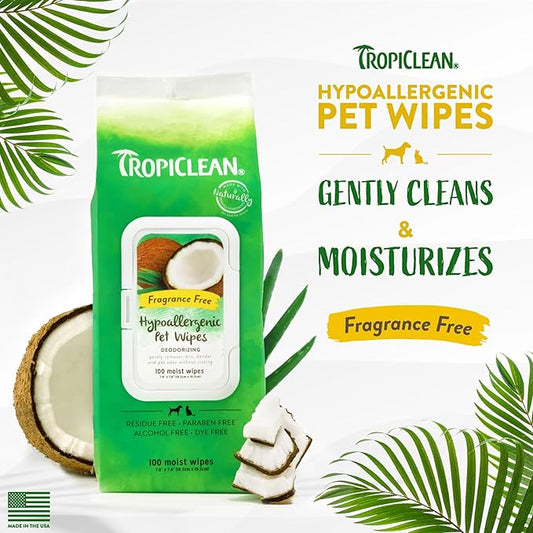 TropiClean Hypoallergenic Dog Wipes for Paws, Butt, Face and Body, Safe for Puppy, Puppy Essentials, Cleaning Deodorizing, Unscented, Cat Safe, 100ct