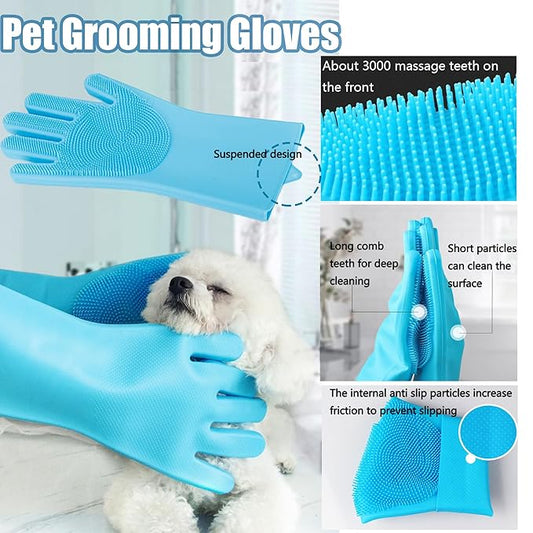 2Pcs Dog Washing Gloves and Dog Bath Brush 3PCS Pet Grooming Kit with Adjustable Ring Handle for Short & Long Hair Dogs Cats Pet Grooming Gloves Dog Bath Supplies