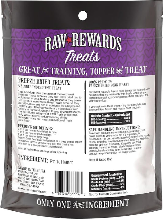 Northwest Naturals Raw Rewards Freeze-Dried Pork Heart Treats for Dogs and Cats - Bite-Sized Pieces - Healthy, 1 Ingredient, Human Grade Pet Food, All Natural - 3 Oz