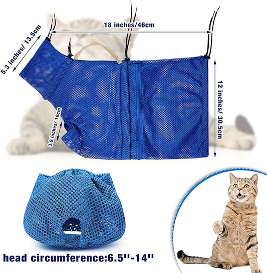 Weewooday 2 Pieces Cat Grooming Washer Mesh Bag Cat Muzzles Breathable Mesh Muzzles Adjustable Kitten Scratch Resistant Kitty Restraint Clothes Kitty Bath Bag for Bathing Nail Trimming Feeding(Blue)