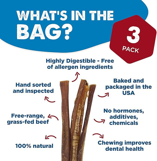 Best Bully Sticks 12 Inch All-Natural Bully Sticks for Dogs - 12” Easily Digestible, 100% Grass-Fed Beef, Grain and Rawhide Free | 3 Pack Trial Size