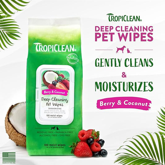 TropiClean Dog Wipes for Paws, Butt, Face, and Body, Anytime Cleaning and Deodorizing Pet Wipes, Safe for Licking, Berry Scent, Cat Safe, 100ct