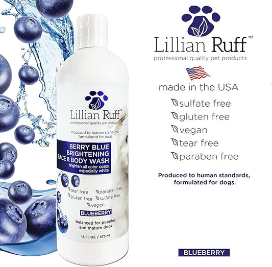 Lillian Ruff Berry Blue Brightening Face and Body Wash for Dogs - Blueberry Shampoo - Remove Tear Stains, Hydrate Dry Itchy Skin, Add Shine & Luster to Coats (Berry Blue Shampoo & Waterless Set)
