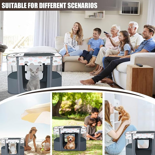 Portable Foldable Pet Playpen with Carrying Case and Travel Pet Bowl, Water Resistant Dog Cat Playpen Crate with Removable Shade Cover, Puppy and Kitten Indoor/Outdoor Pop Up Playpen(S)