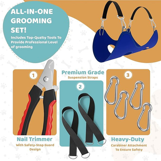 Dog Grooming Hammock – Sturdy & Safe Dog Hammock for Grooming with Durable Carabiner Clips & Straps – Soft, Comforting Dog Grooming Harness – Pet Grooming Hammock + Nail Trimmer for Medium sized Dogs