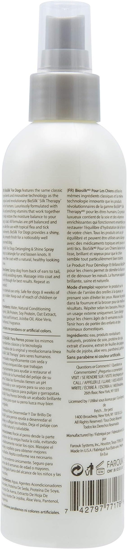 BioSilk for Dogs Silk Therapy Detangling Plus Shine Mist for Dogs | Best Detangling Spray for All Dogs & Puppies for Shiny Coats and Dematting | 8 Oz Bottle (Packaging May Vary),WHITE (Pack of 1)