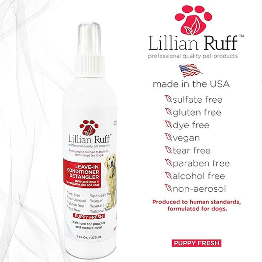 Lillian Ruff Leave-in Dog Conditioner & Detangler Spray - pH Balanced After-Bath No Rinse Dog Conditioning Spray - Silky Shine Spray for Dry Skin, Itch Relief, Detangling & Dematting (8oz/Brush)