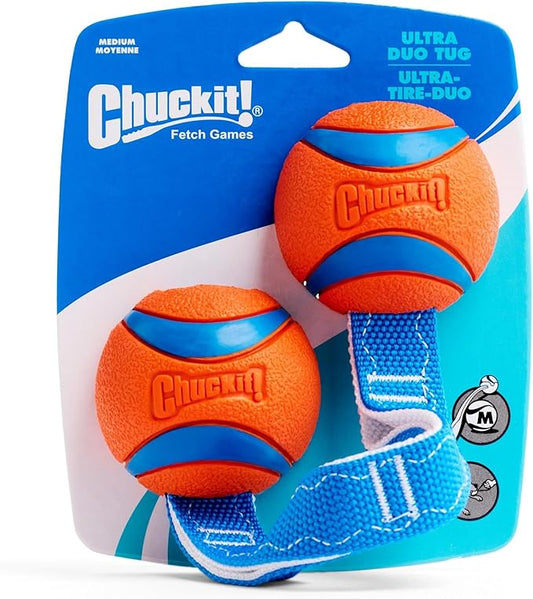 Chuckit! Ultra Duo Tug Dog Toy - Two Ultra Balls on a Durable Nylon Cord Handle - Fetch and Tug-of-War Toy for Dogs - Size Medium - For Breeds 20-60 lbs - 2.5-inch Diameter - Orange and Blue