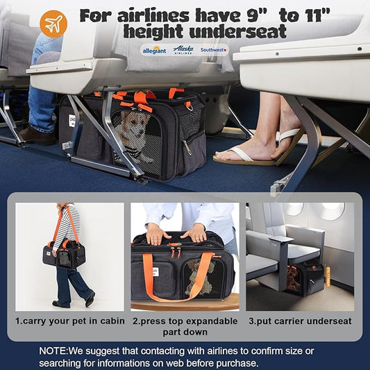 19x13x9 TSA Approved top Expandable pet Carrier for Small Dog Under 13 lbs,Medium cat Under 15 lbs,for Southwest Allegiant Spirit and Other Airlines only Have 9'' or 9.5'' Height Space