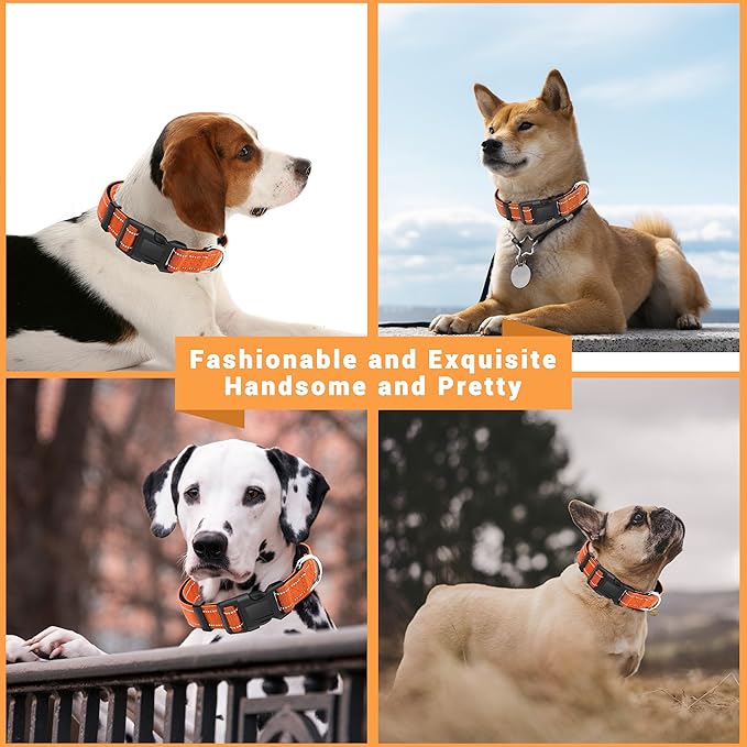 2 Pack Reflective Dog Collar with Safety Locking Buckle, Adjustable Soft Breathable Comfortable Nylon Pet Collar for Small, Medium and Large Dogs, Orange, XS