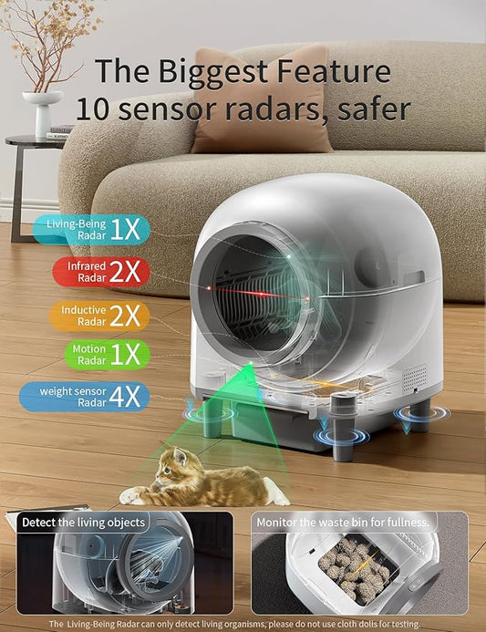Automatic Cat Litter Box Self Cleaning with 10 Safety Radars,100L Smart Litter Box Used for 14 Days,Electric Litter Boxes with Stairs for Multiple Cats,APP-Control,Advanced Odor Control (White)