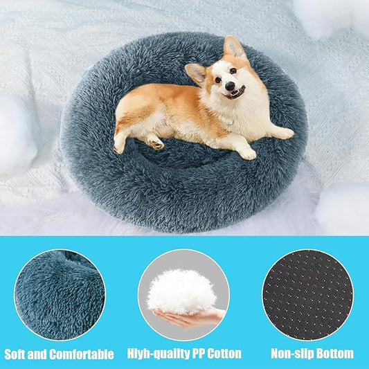HYQ Small Dog Bed, Cat Beds for Indoor Cats, Pet Beds for Small Dogs, Fluffy Faux Fur Plush Small Dog Bed, Washable Puppy Bed with Anti-Slip Bottom, Dog Bed Small Size Dog (Blue Gray, 17 Inch)