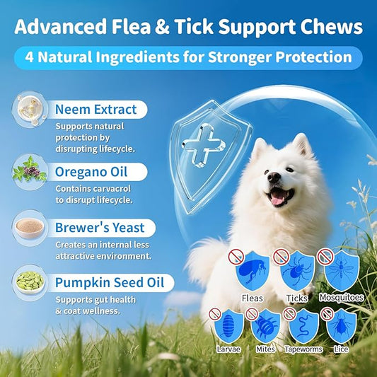 Dog Flea and Tick Support Chewable, Natural Dog Flea Comfort Supplement, Oral Chews with Neem, Oregano Oil, Pumpkin Seed Oil & Brewer's Yeast – 135 Soft Chews, Beef Flavor – for All Breeds & Sizes