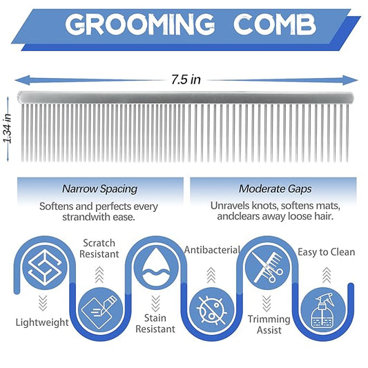 7.5 Inch Professional Stainless Steel Pet Grooming Comb for Dogs & Cats, Wide & Dense Teeth for Removing Tangles, Knots,Undercoat,Flea,Excess Hair, Rounded Corners Design for Safe,Metal Dematting Tool