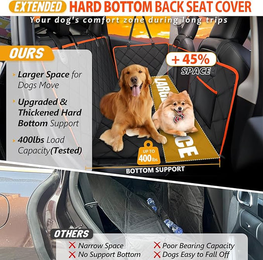 Back Seat Extender for Dogs - Holds 400lb, Hard Bottom Dog Bed Back Seat Cover, Pet Car Seat Cover Backseat Extender, Waterproof Dog Car Hammock for Car, SUV, Truck, Black/Orange
