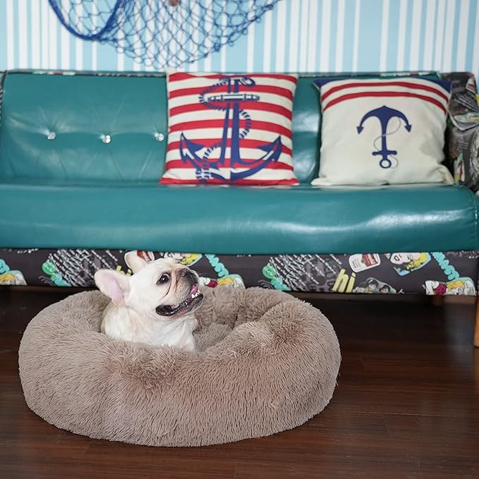 nononfish Puppy Beds for Small Dogs Washable - 23 Inches Round Faux Fur Pet Bed for Puppy and Cat Donut Fluffy Plush Orthopedic Doggy Beds Relief Improved Sleeping,Camel