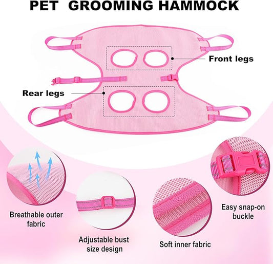 Dog Grooming Hammock - Breathable Pet Grooming Hammock for Small Dogs& Cats, Adjustable Dog Sling Harness with Nail Clippers& Nail File (Pink, X-Small)