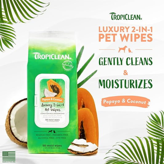 TropiClean Dog Wipes for Paws, Butt, Face, and Body, Anytime Cleaning and Deodorizing Pet Wipes, Safe for Licking, Papaya Scent, Cat Safe, 100ct