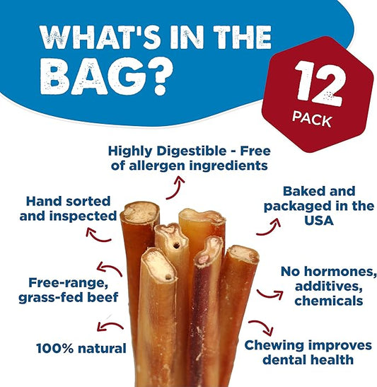 Best Bully Sticks 6 Inch Jumbo Bully Sticks for Large Dogs - 100% Natural, Grass-Fed Beef - Single Ingredient Grain and Rawhide Free Bully Stick Dog Chews | 12 Pack