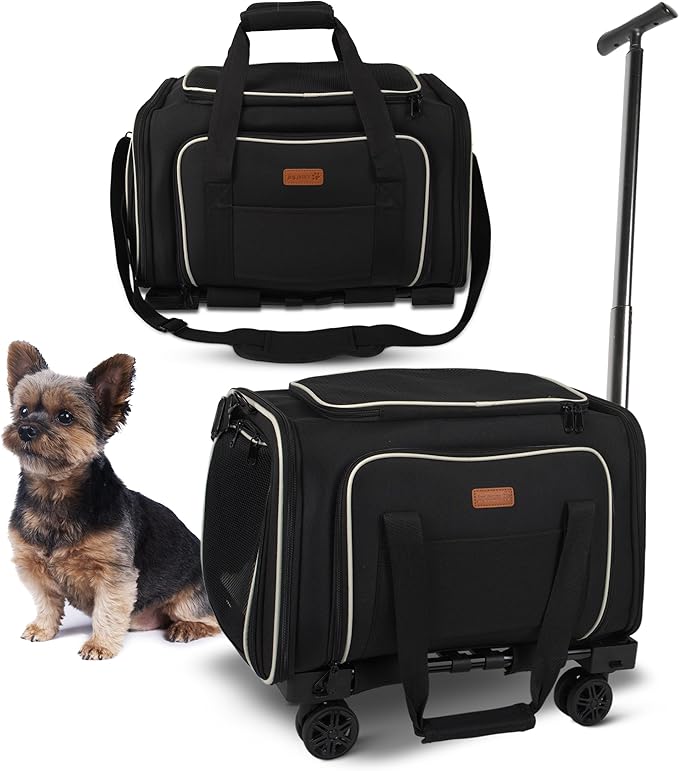 Pet Carrier for Travel - Airline Approved - Dogs/Cats Expandable & Roomy - Premium Pets Carrier with Wheels - Cozy Soft-Lined Travel Carrier - Stylish Black Design