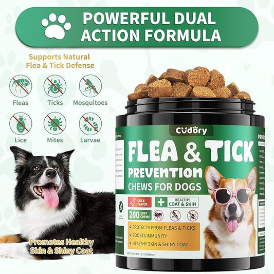 Flea and Tick Prevention for Dogs Chews – 200 Soft Chews, Dog Flea Chewables with Skin & Coat Support – Oral Supplement for All Breeds & Ages – Natural Duck Flavor