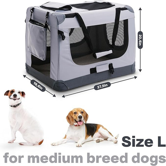 Folding Large Dog Carrier (27.5"x20.4"x19.6"), Pet Carrier, Soft Dog Crate with 3 Durable Tear-Resistant Mesh Window, Soft Pad and Bag for Supplies, Travel Crate Kennel for Pets (Gray)