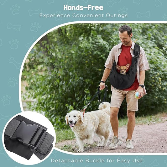 Avont Dog Sling for Small Dog Cats Under 15lbs, Hands-Free Crossbody Pet Carrier with Adjustable Padded Strap Extra Pocket, Safe Soft Pouch Bag for Puppies' Walks Outings -Black