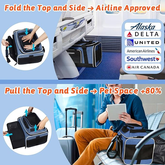 Petskd Top and Side Expandable Pet Carrier 17x11x9.5 Inches Alaska Airline Approved, Soft-Sided Carrier for Small Cats and Dogs with Locking Safety Zippers and Anti-Scratch Mesh(Blue)
