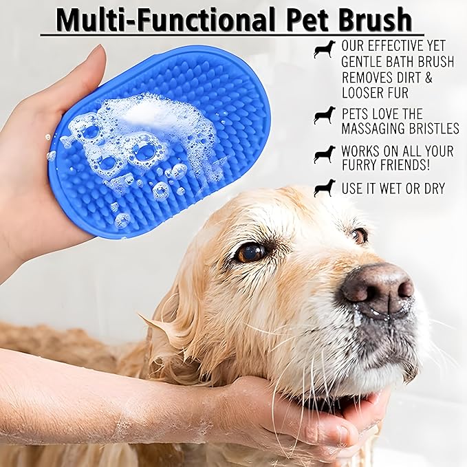 JASLAH 3 PCS Set, Pet Massage Brush Dog Bath Brush for Long/Short Hair Pet Shampoo Brush Soft Silicone Comb for Pets Grooming Bathing Tool Dog Hair Removal Tool, Blue+Yellow+Pink