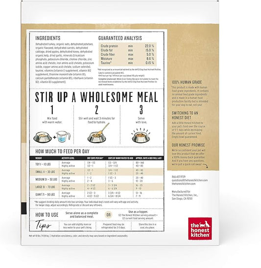 The Honest Kitchen Human Grade Dehydrated Whole Grain Dog Food – Complete Meal or Dog Food Topper – Turkey, 10 Pound (Pack of 1) (makes 40 lbs)