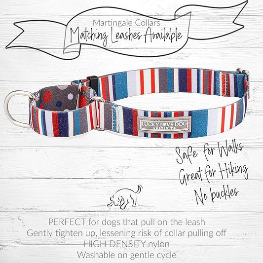 Lucky Love Dog, Nautical Martingale Dog Collar and Leash Set, Premium No Slip Collar and Leash Set, Polka Dot Striped Martingale Collar and Leash Set, for Dogs - (Medium, Linus Mart - Combo)