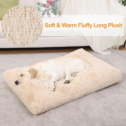 KSIIA Dog Crate Bed Washable Dog Beds for Large Dogs Deluxe Plush Fluffy Comfy Thick Kennel Pad Anti-Slip & Anti-Scratch Pet Sleeping Mat, 35 x 23 Inch, Camel