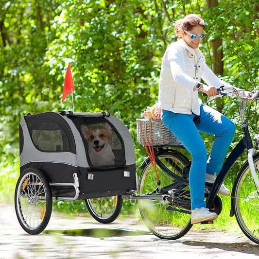 PETSITE Dog Bike Trailer, Dog Cart for Bicycle with 3 Breathable Mesh Entrances, Safety Flage, Easy Folding Pet Carrier with Quick Release Wheels, Pet Bike Trailer for Small & Medium Sized Dogs
