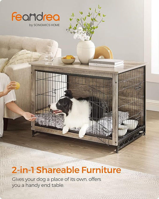 Feandrea Dog Crate Furniture, 38.6" Side End Table, Modern Kennel for Dogs Indoor up to 70 lb, Heavy-Duty Dog Cage with Multi-Purpose Removable Tray, Double-Door Dog House, Greige UPFC003G01
