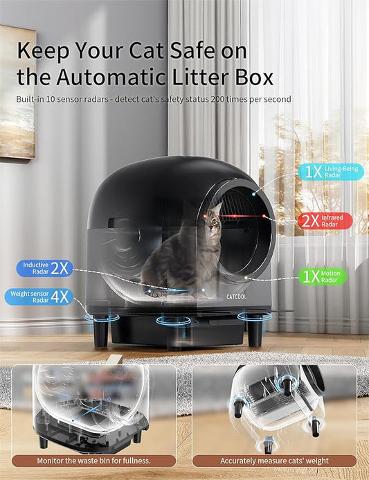 Automatic Cat Litter Box Self Cleaning with 10 Safety Radars,100L Smart Litter Box Used for 14 Days,Electric Litter Boxes with Stairs for Multiple Cats,APP-Control,Advanced Odor Control (Black)