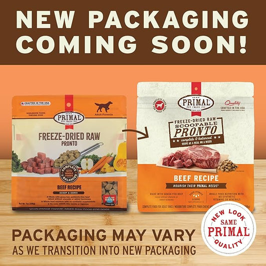 Primal Freeze Dried Dog Food Pronto, Beef; Scoop & Serve, Complete & Balanced Meal; Also Use as Topper or Treat; Premium, Healthy, Grain Free High Protein Raw Dog Food (16 oz, 2-Pack)
