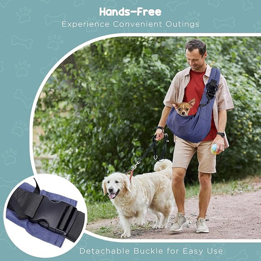 Avont Dog Sling for Small Dog Cats Under 15lbs, Hands-Free Crossbody Pet Carrier with Adjustable Padded Strap Extra Pocket, Safe Soft Pouch Bag for Puppies' Walks Outings -Denimblue