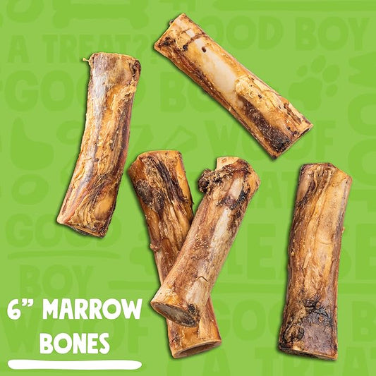 Marrow Bones for Dogs 6-Inch Premium Natural Single Ingredient Odor Free Large - Grass Fed, Non-GMO Long Lasting , Dog Bones for Medium Dogs (3-Pack)