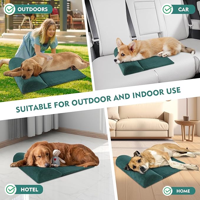 Dog Cat Bolster Pillow with High Resilience Foam, Headrest for Large Dogs, Benefit for Cervical Vertebra and Neck, Easy to Carry, Machine Washable Cover&Easy to Clean(Green)