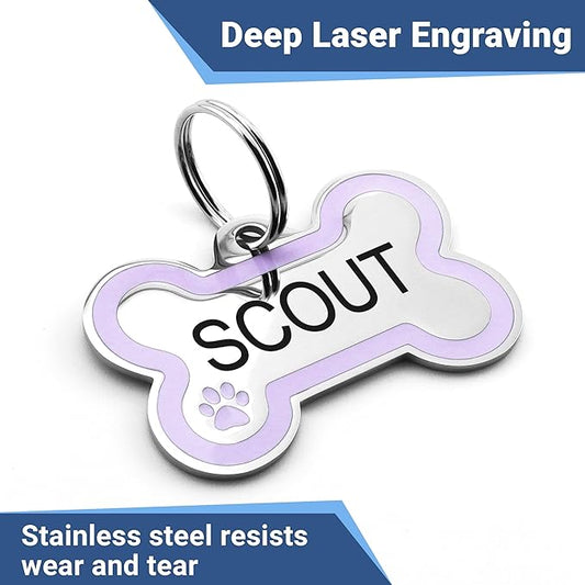 GoTags Stainless Steel Bone Dog Tag with Color Outline and Paw Print, Personalized Pet ID Tag for Dogs and Cats, Custom Engraving with up to 5 Lines of Text on Both Sides (Pink, Small)