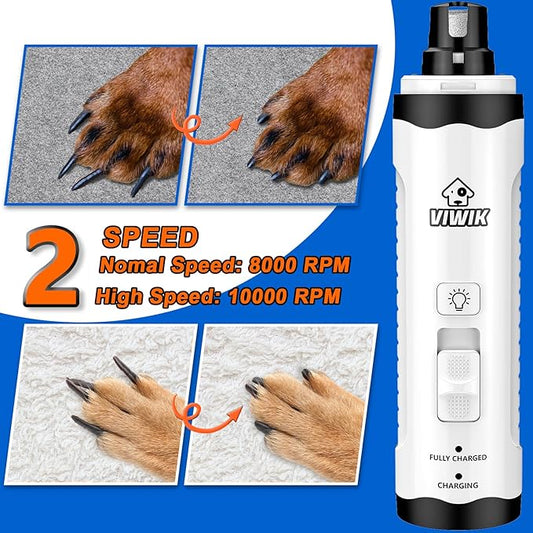 VIWIK Dog Nail Grinder with Dog Nail Trimmers, Dog Nail Clippers Kit for Large Medium Small Dogs & Cats, Quiet Electric 2-Speed USB Rechargeable Pet Nail Grinder with Light, Gifts for Dog Lovers