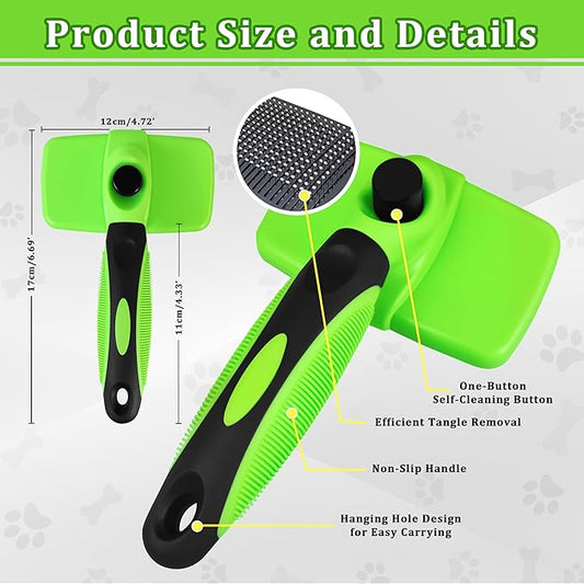 Qianruida Self Cleaning Slicker Brush for Grooming Long-haired or Short-haired Cats and Dogs Pet Brush for Shedding for Removing Undercoat and Tangled Hairs, Green